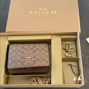 Coach Brown Signature Key & Card Holder with Gold Chain